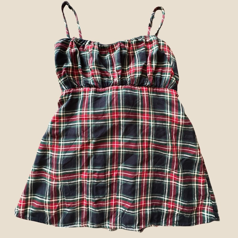 Hollister Plaid Tank XS Navy Red Green Tartan Smocked Back Tie Waist
